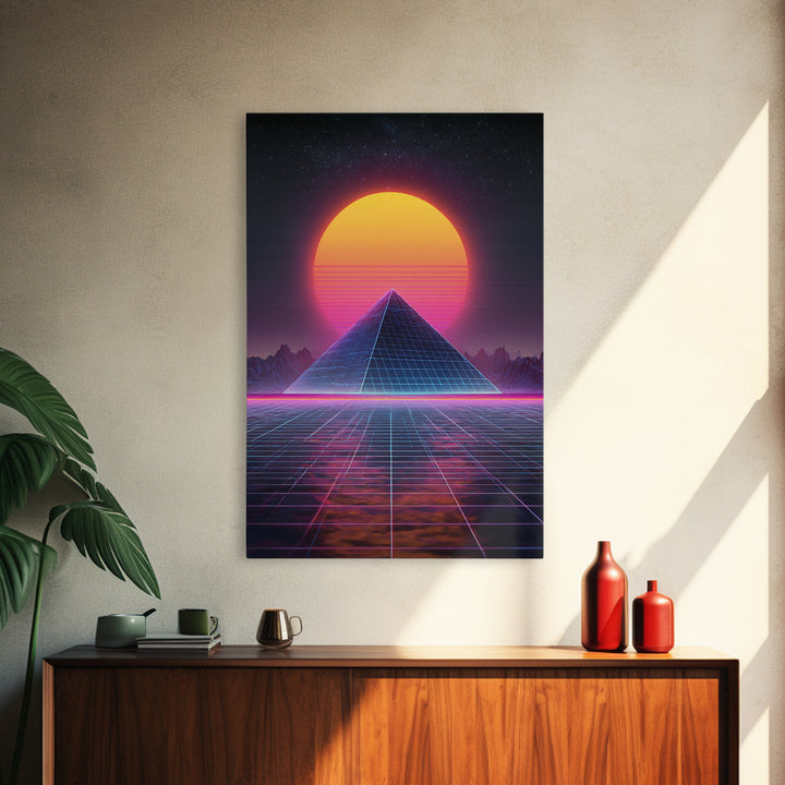 Retro Futuristic Neon Pyramid Digital Artwork Wall Art Framed Canvas Print For Sci Fi Bedroom Decor Modern Tech Art Gift
