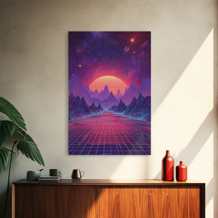 Surreal Futuristic Mountain Sunset Digital Canvas Print, Neon Grid Landscape Wall Art, Sci-Fi Inspired Modern Decor