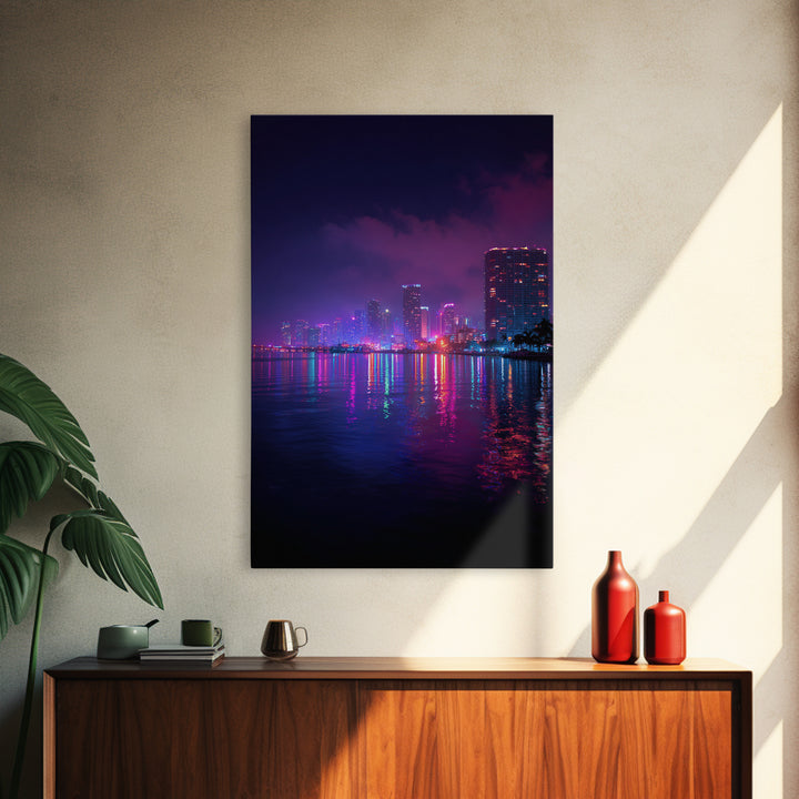 Miami City Lights Neon Reflection At Night Urban Wall Art Modern Canvas Print For Office Decor And Living Room