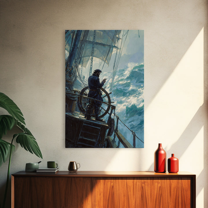 Stormy Sailor At Ship Wheel Large Canvas Print, Nautical Seascape Wall Art, Ocean Painting, Coastal Decor For Living Room