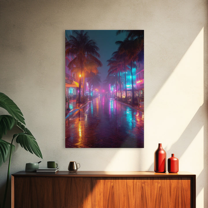Wet Neon City Street At Night Rainfall Reflection Wall Art Modern Canvas Print For Bedroom And Living Room Decor