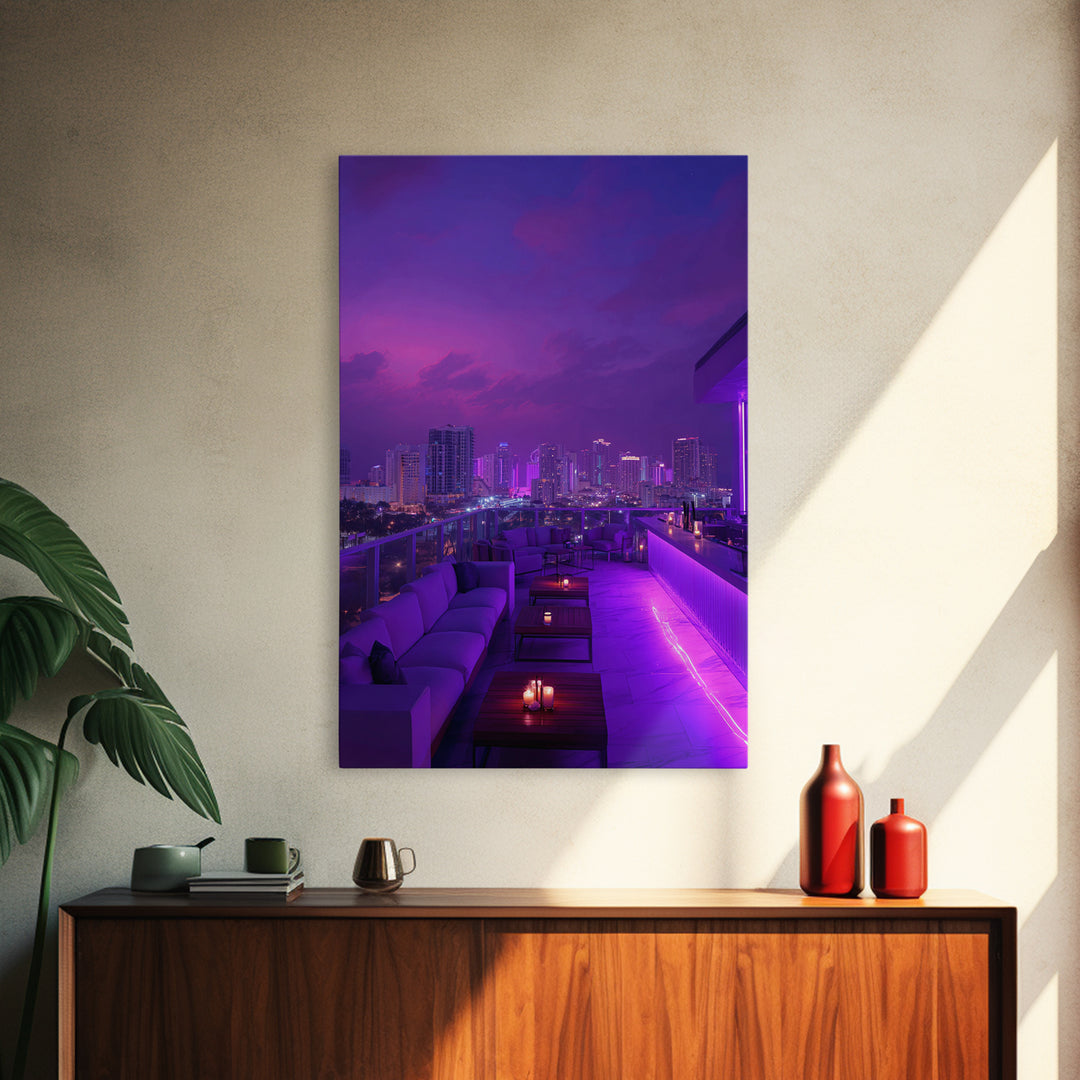 Modern City Nightscape With Vibrant Purple Neon Lights Wall Art Canvas Print Trendy Home Décor For Living Room