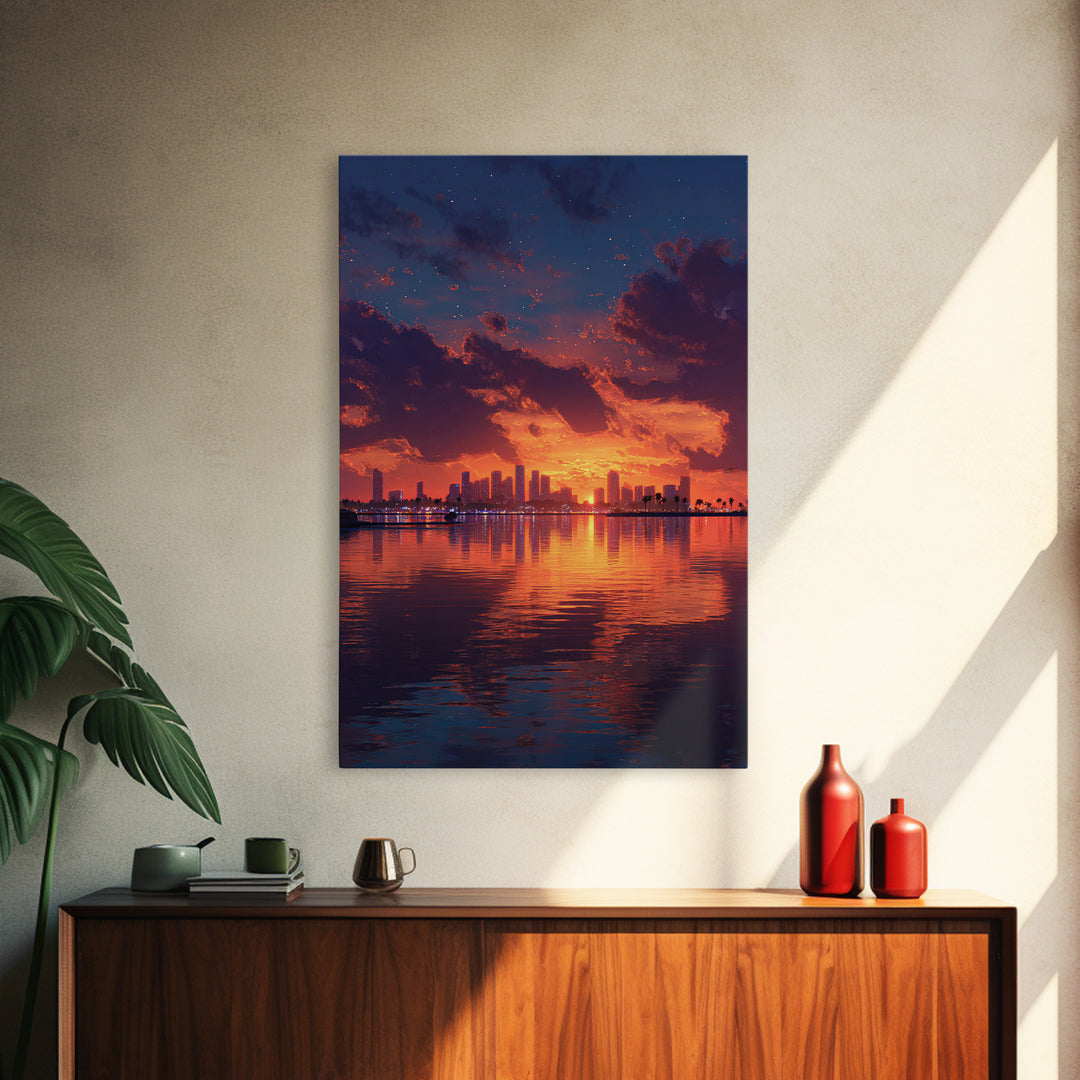 Stunning City Skyline Sunset Landscape Reflection Wall Art Canvas Print For Modern Home Decor