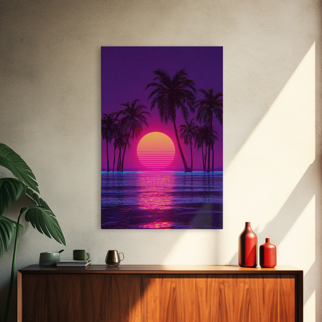 Vivid Neon Sunset With Palm Trees And Reflective Waterfall Retro Futuristic Landscape Wall Art Canvas Print