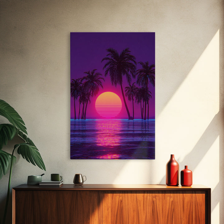 Vivid Neon Sunset With Palm Trees And Reflective Waterfall Retro Futuristic Landscape Wall Art Canvas Print