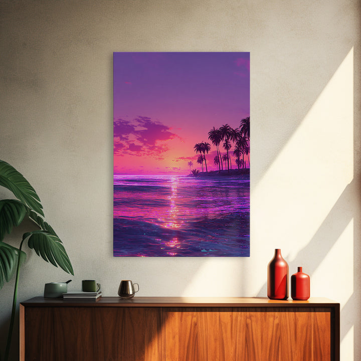 Vibrant Neon Pink And Purple Tropical Sunset With Palm Trees Coastal Wall Art Canvas Print For Modern Beach Decor