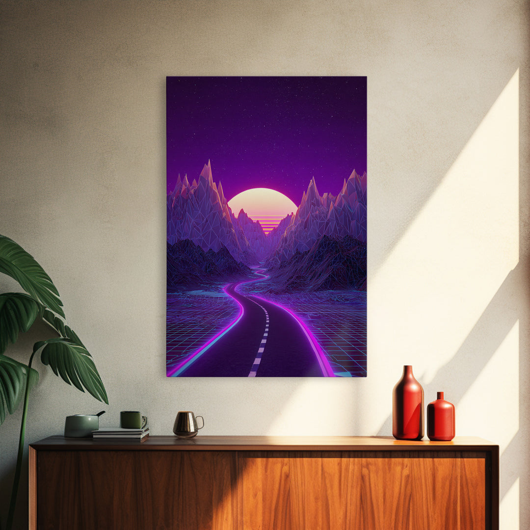 Cyberpunk Cityscape At Night With Purple Neon Lights Reflecting On Water Modern Wall Art Framed Canvas Print For Trendy Decor