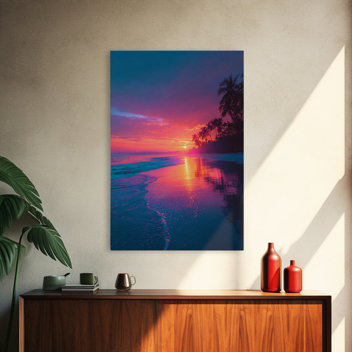 Colorful Tropical Beach Sunset With Palm Trees Vibrant Landscape Wall Art Modern Framed Canvas Print Coastal Home Decor