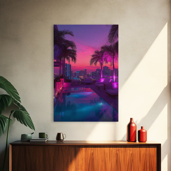 Modern Rooftop Pool Sunset Miami Cityscape Night View Wall Art Canvas Print For Office Living Room Decor