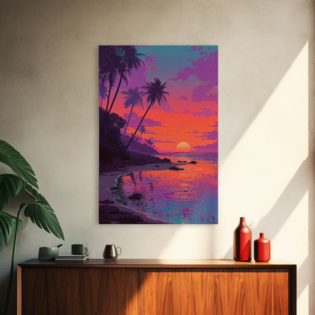 Colorful Tropical Sunset Beach With Palm Trees Reflecting In Water Vibrant Wall Art Canvas Print