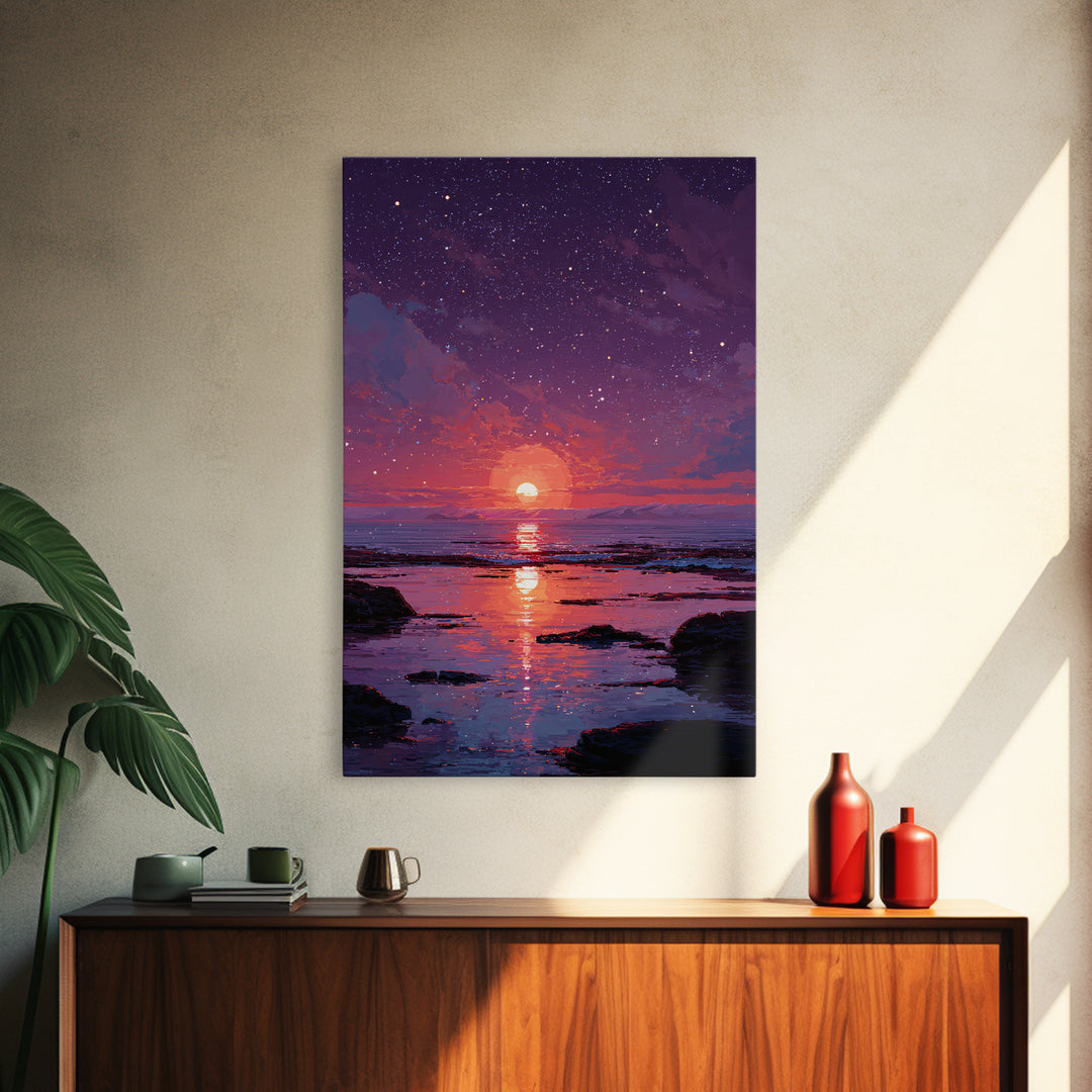Stunning Starry Night Ocean Sunset Digital Painting Colorful Wall Art Canvas Print Modern Coastal Decor