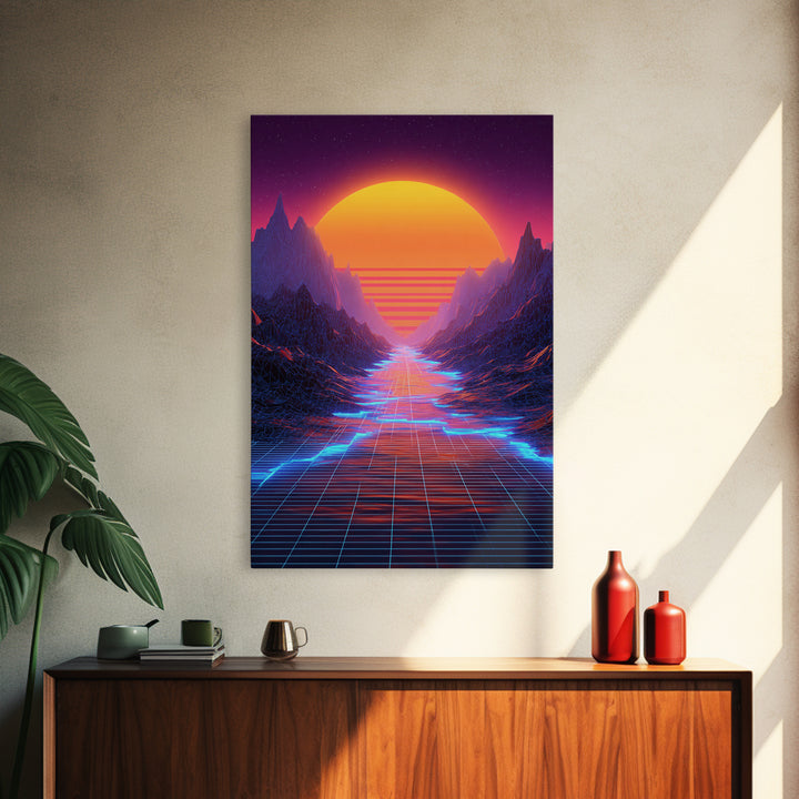 Retro Synthwave Landscape With Neon Grid Road And Large Sun Wall Art Canvas Print For Modern Living Room Decor
