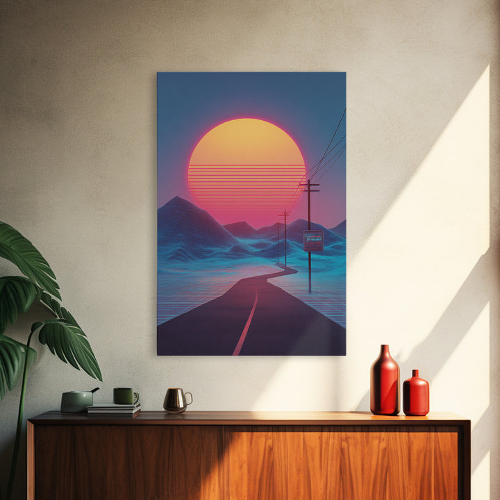 Synthwave Landscape With Electric Colors Neon Sun And Grid Mountains Digital Wall Art Canvas Print
