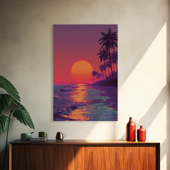 Vibrant Neon Sunset Over Tropical Beach With Palm Trees Wall Art For Modern Home Decor And Living Room Canvas Print