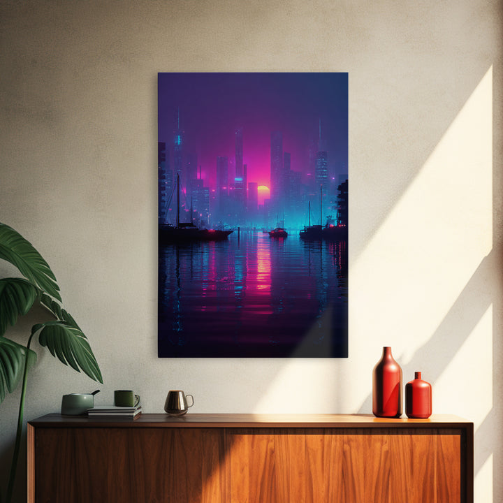 Futuristic Neon Cityscape With Sun Setting Over Harbor Framed Canvas Print For Cyberpunk Wall Art And Modern Home Decor