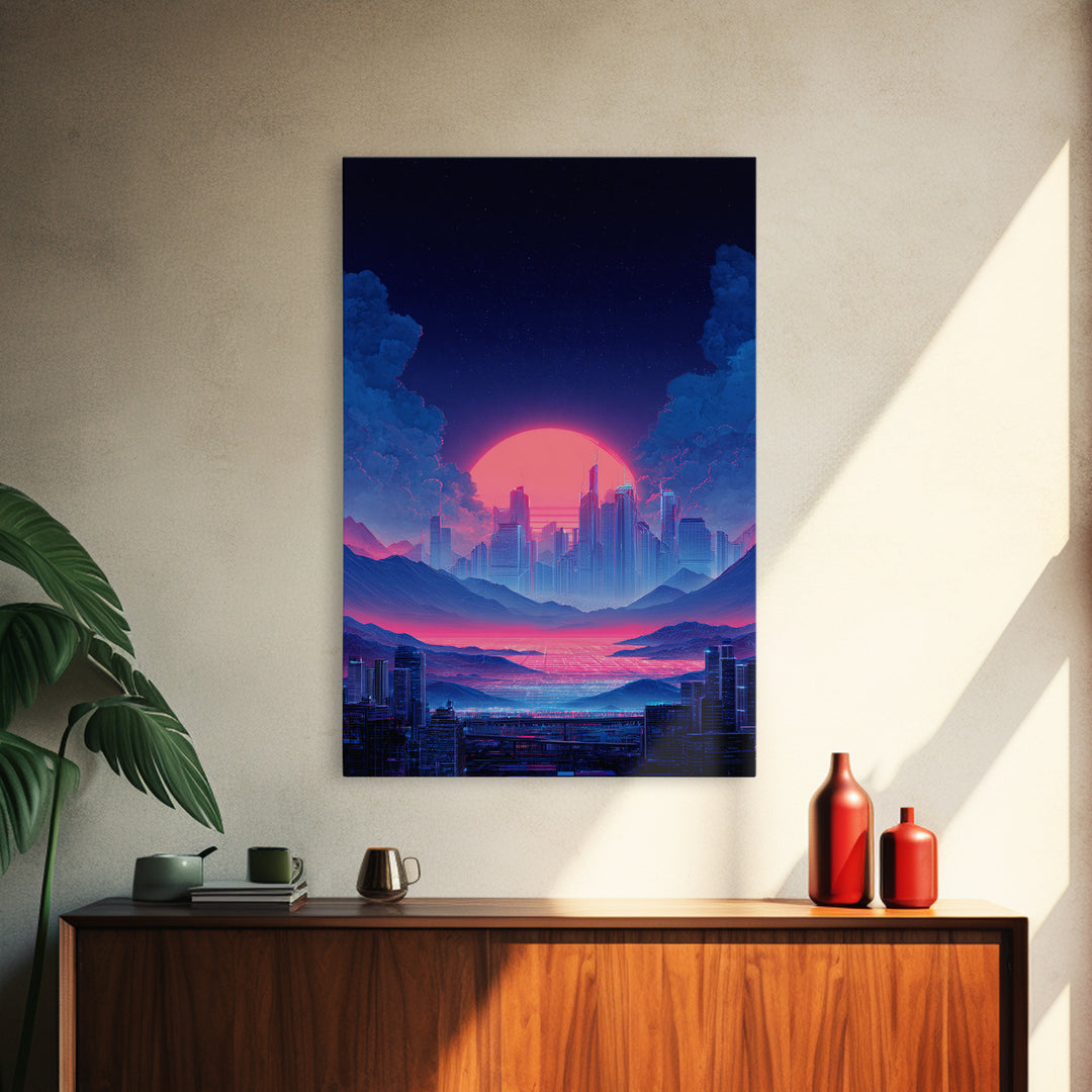 Futuristic Vibrant Neon Cityscape Digital Artwork Cyberpunk Sunset Modern Wall Art Large Framed Canvas Print