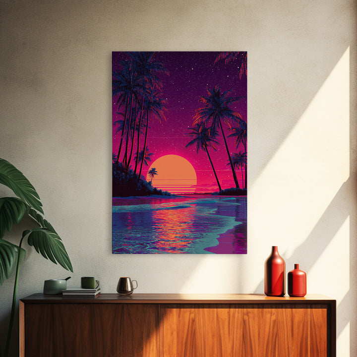 Retro Tropical Sunset With Palm Trees And Starry Sky Wall Art Canvas Print For Boho And Coastal Bedroom Decor