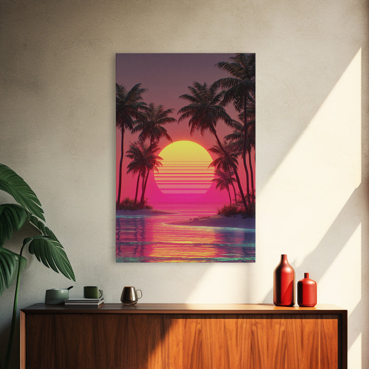 Dreamy Pink Sunset Tropical Island Palm Trees Calm Water Canvas Print Wall Art For Coastal Home Decor