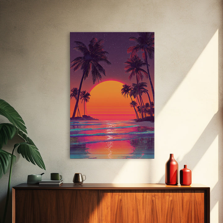 Vibrant Retro Sunset With Palm Trees Beach Scene Wall Art Canvas Print For Modern Home Decor And Coastal Wall Decor