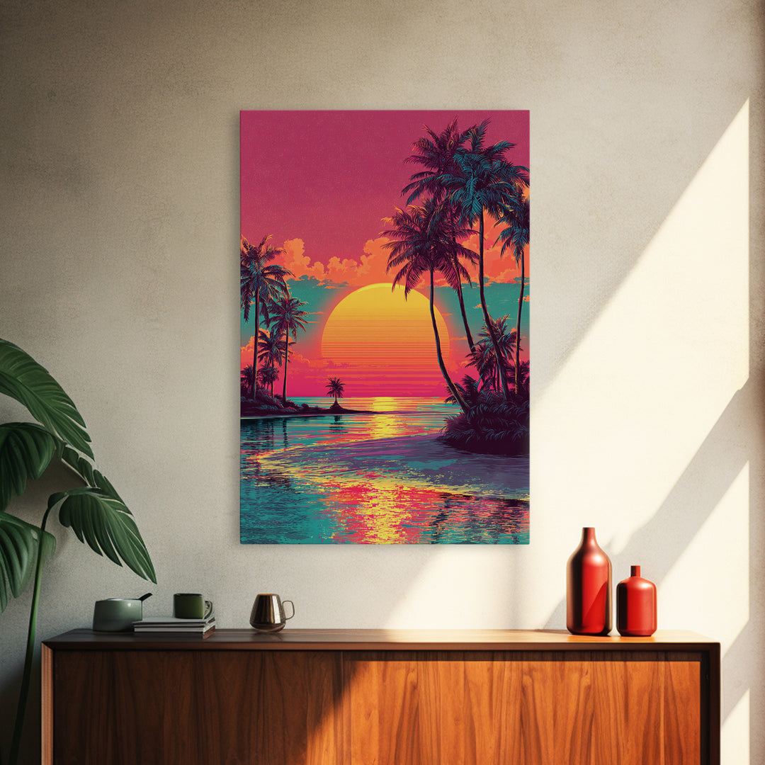 Vibrant Sunset Tropical Landscape With Palm Trees And Ocean View - Framed Canvas Print Coastal Wall Art For Home Decor