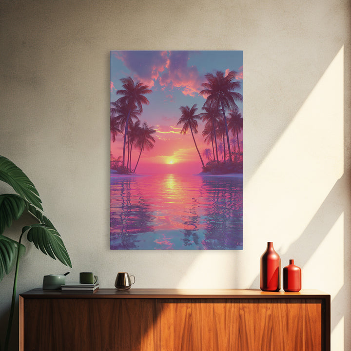 Tropical Sunset Palm Trees Over Water Vibrant Pink And Orange Sky Canvas Print For Modern Wall Art And Home Decor
