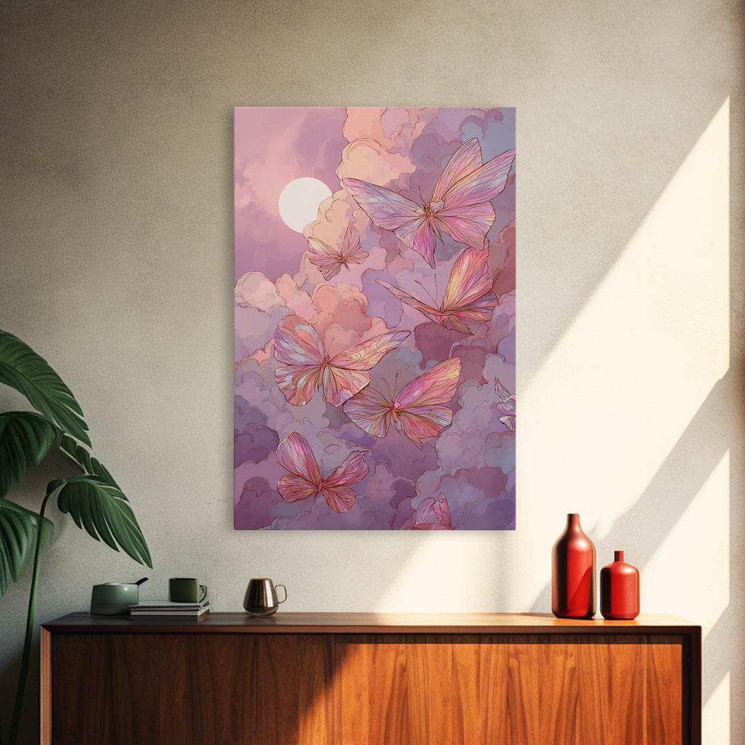Pink Butterfly Moonlit Clouds Wall Art, Whimsical Nursery Decor, Celestial Art Print, Pastel Girls Room Decor, Gift For Her
