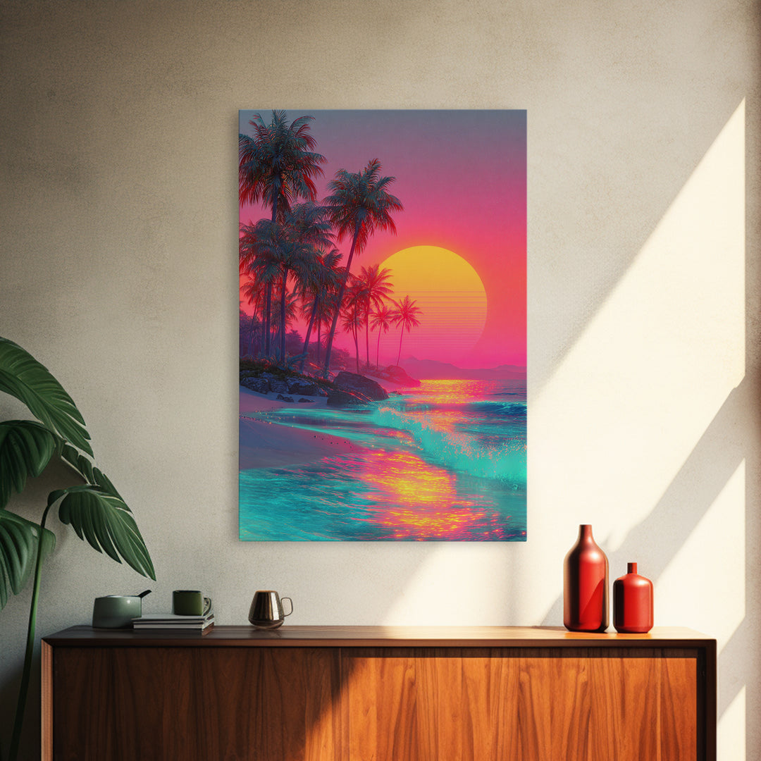 Tropical Beach With Palm Trees And Vibrant Sunset Reflections Large Framed Canvas Print Wall Art