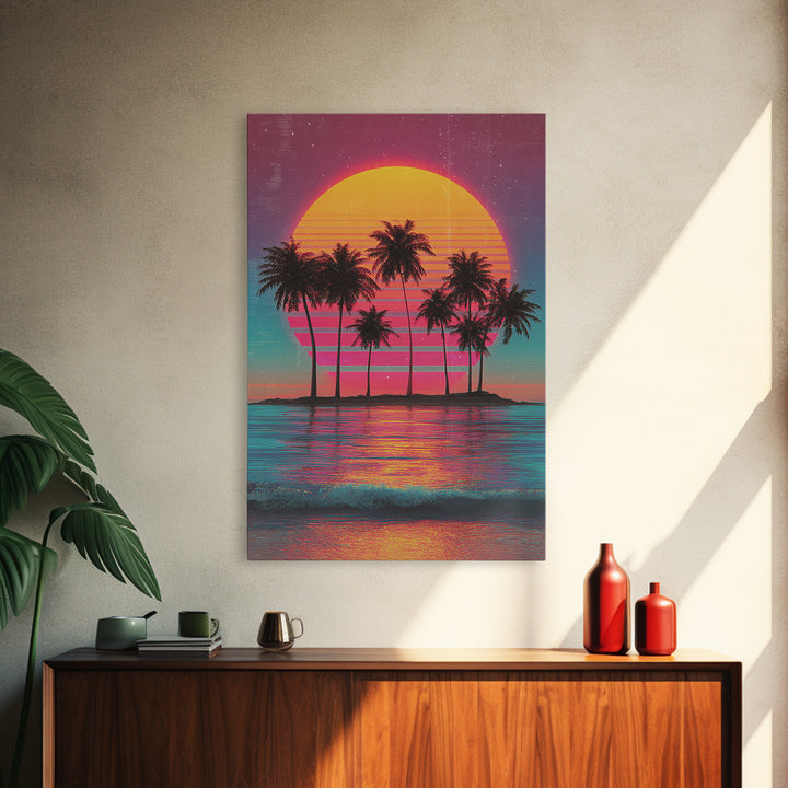 Retro Sunset With Palm Trees Against Gradient Sky Vibrant Framed Canvas Print For Tropical Wall Art And Home Decor
