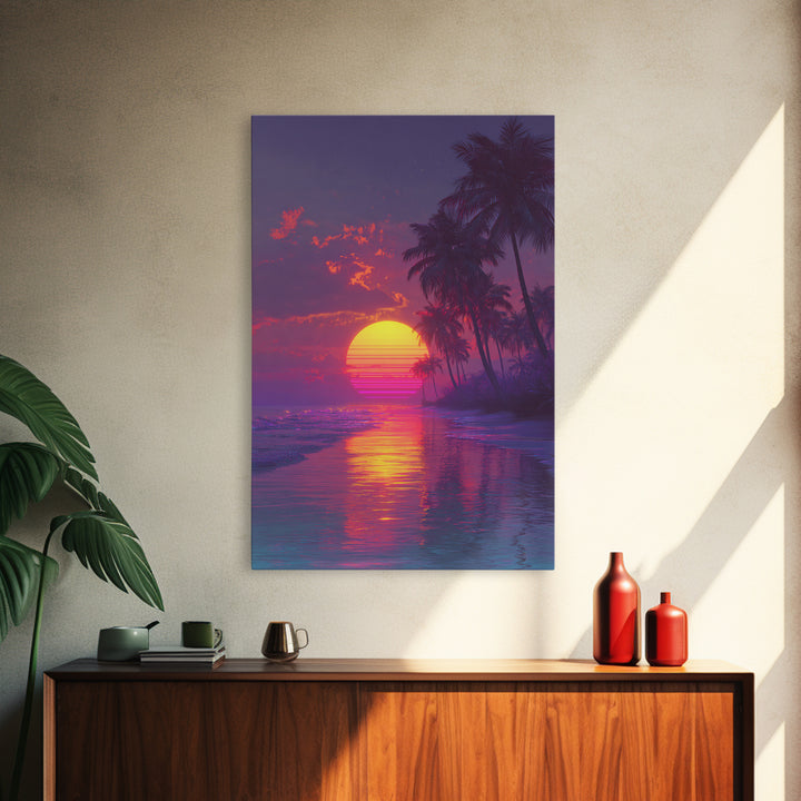 Neon Retro Sports Car At Night With Palm Trees Vibrant Cityscape Large Wall Art Framed Canvas Print Modern Decor