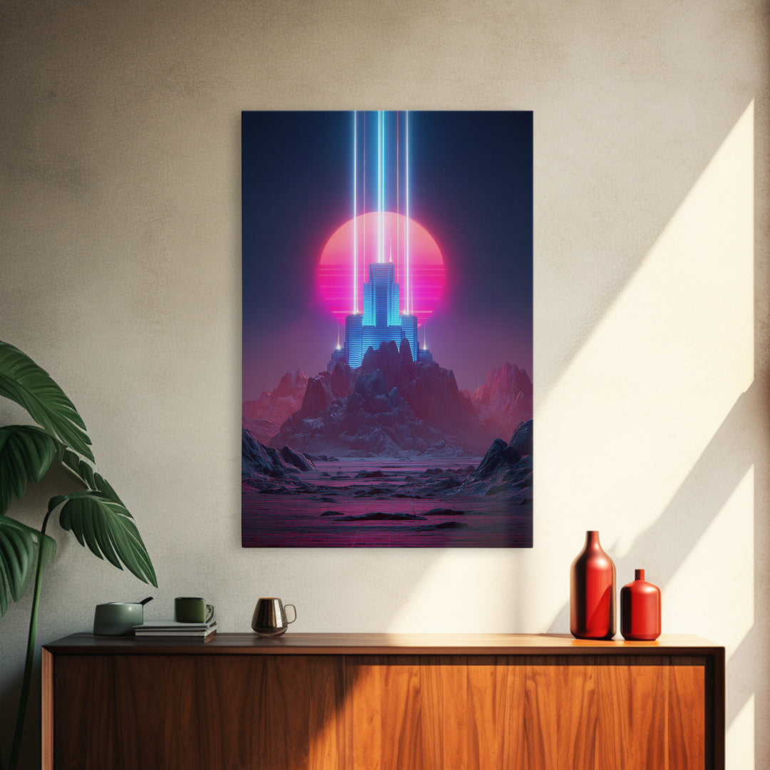 Retro Futuristic Neon Cityscape Digital Art Modern Wall Art Framed Canvas Print For Home Decor