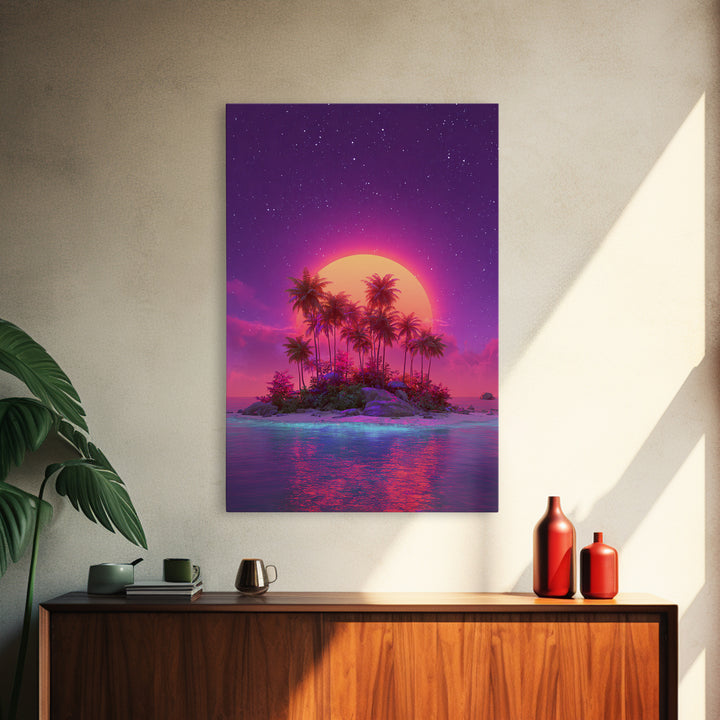 Neon Sunset Tropical Island With Palm Trees Canvas Print Vibrant Wall Art For Coastal Decor And Trendy Home Decor