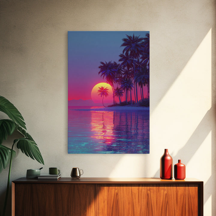 Vaporwave Tropical Sunset With Palm Trees Beach Reflection Canvas Print For Modern Home Decor Wall Art