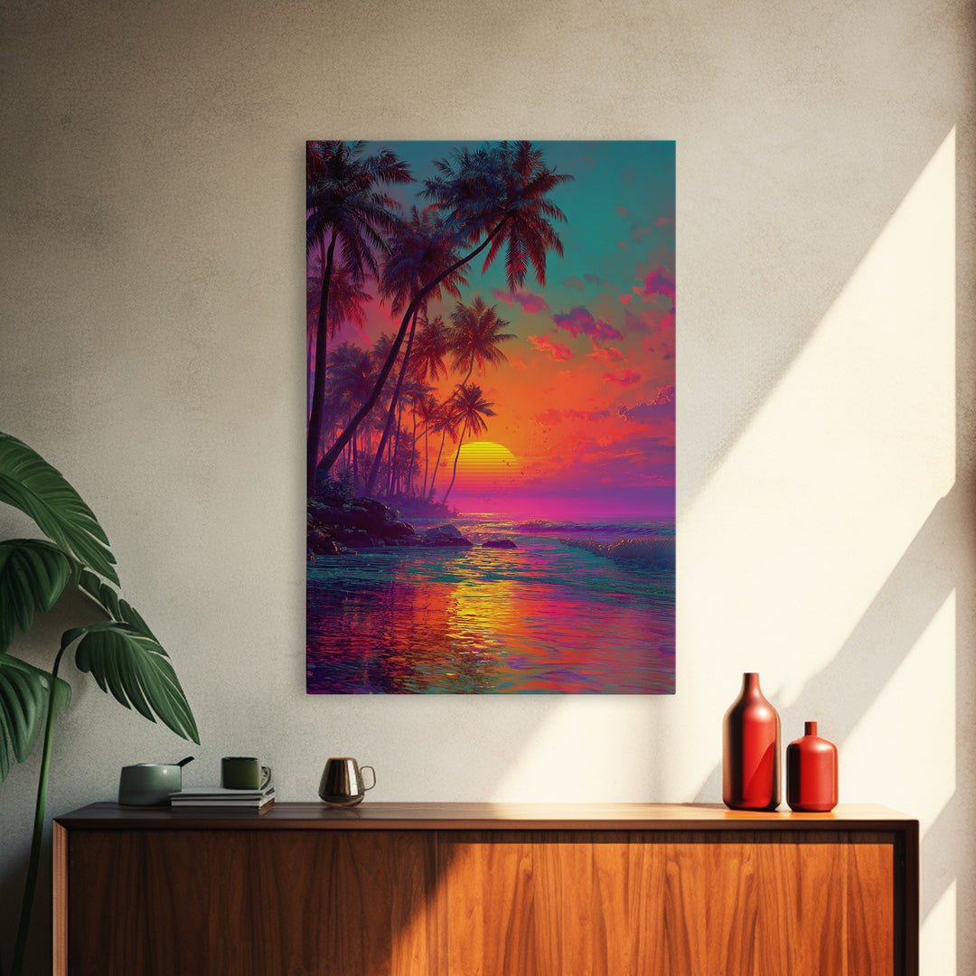 Vibrant Tropical Sunset With Palm Trees Over Ocean Framed Canvas Print Perfect For Coastal Home Decor