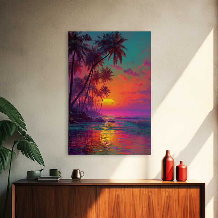 Vibrant Tropical Sunset With Palm Trees Over Ocean Framed Canvas Print Perfect For Coastal Home Decor