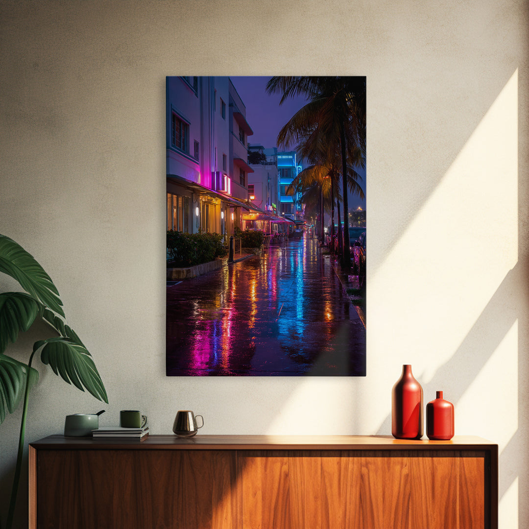 Vibrant Neon Miami Street Nightscape With Palm Trees Digital Wall Art Canvas Print For Chic Living Room Home Decor