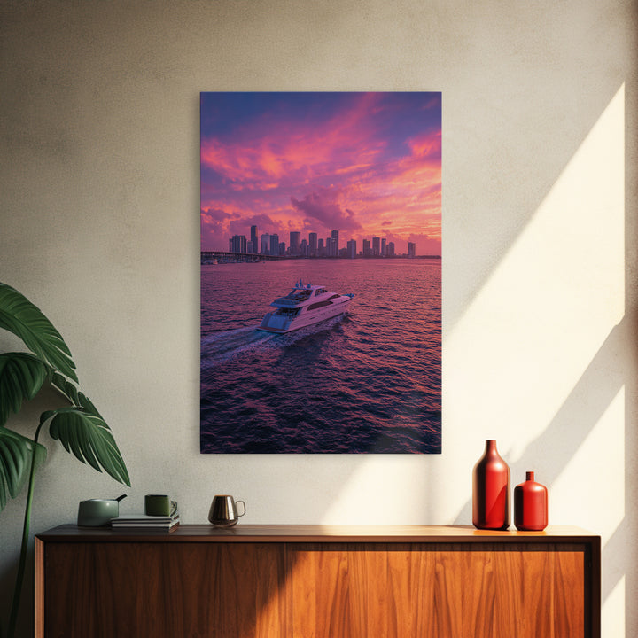 Luxury Yacht Sailing Into Stunning Miami Sunset Skyline Wall Art Framed Canvas Print For Living Room Decor