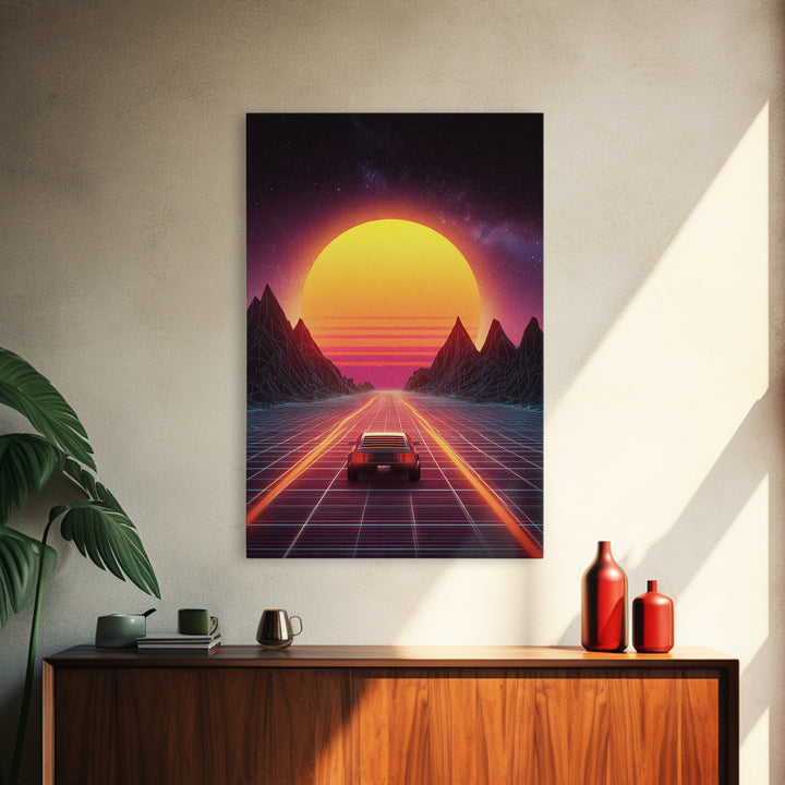 Vibrant Retro Futuristic Road Landscape Canvas Print With Neon Sunset And Car Driving Through Digital Mountains