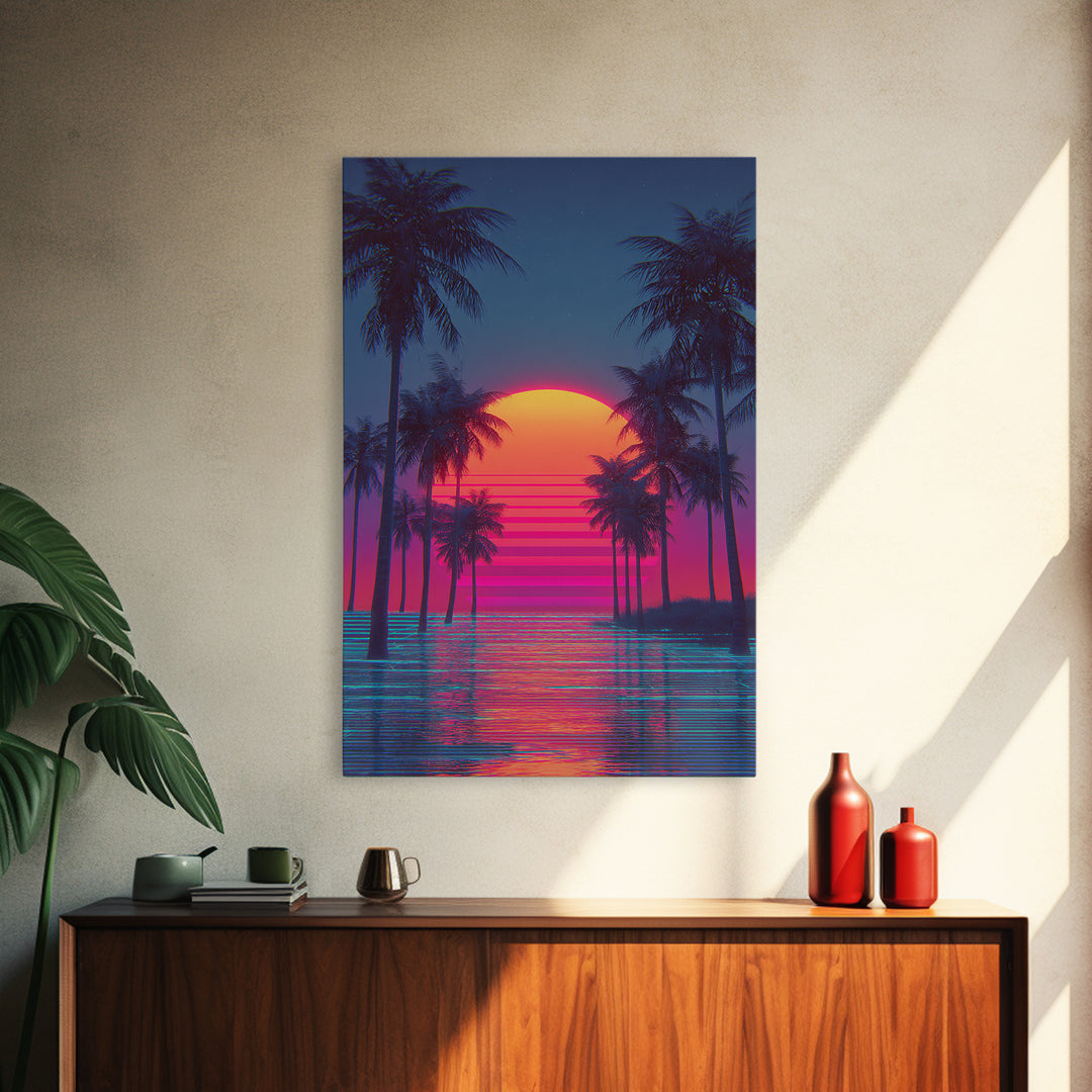 Sunset Over Tropical Beach With Palm Trees Vibrant Coastal Wall Art Canvas Print