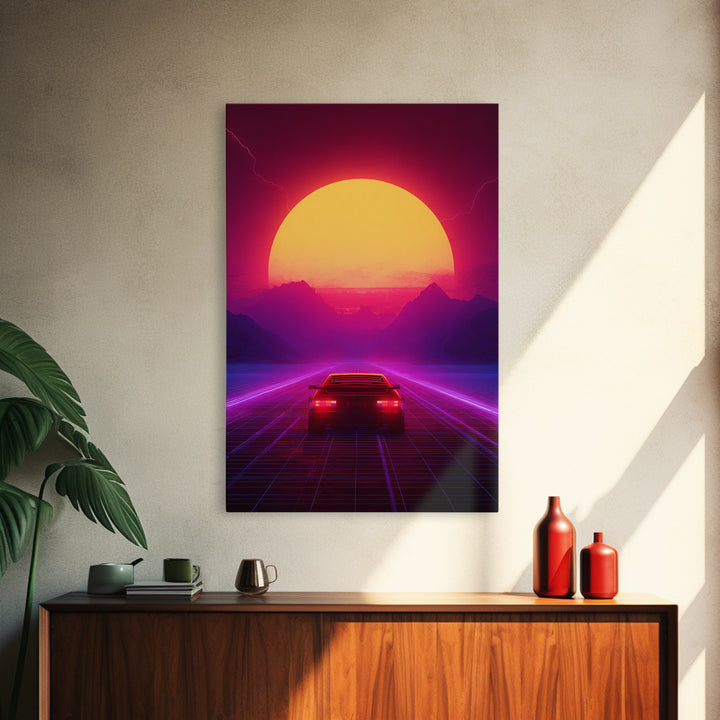 Synthwave Retro Neon Landscape With Sports Car And Palm Trees Under Glowing Sunset Canvas Print For Vaporwave Wall Art And Modern Decor