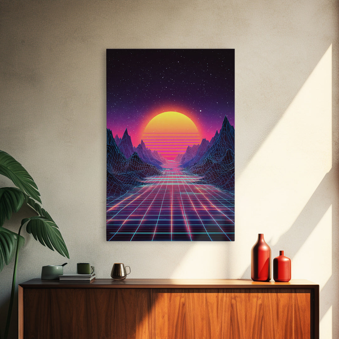 Retro Neon Landscape With Glowing Sun And Grid River Abstract Digital Wall Art Canvas Print For Modern Room