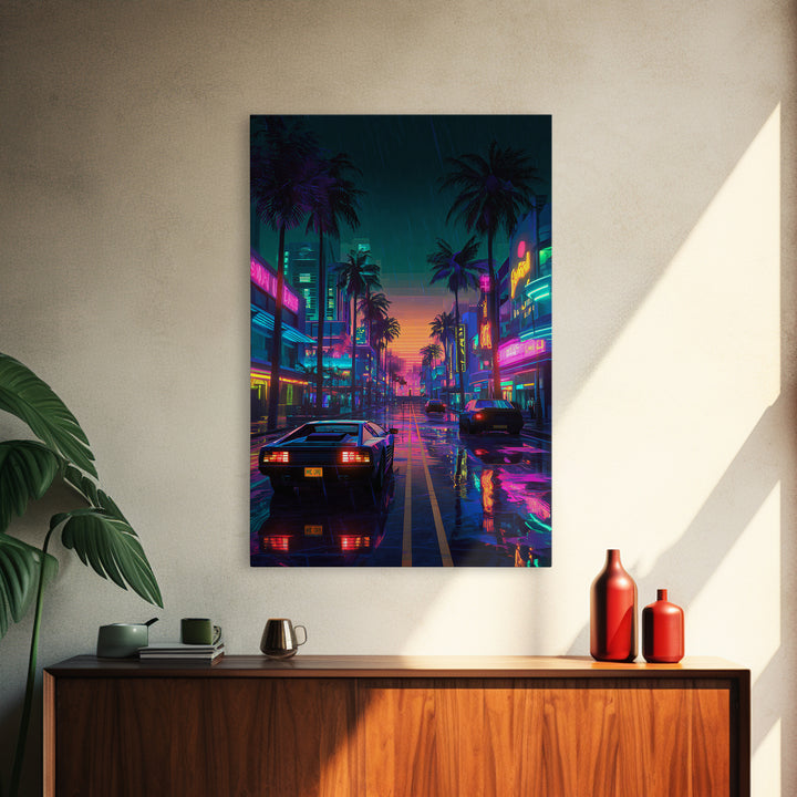 Neon City Rainy Night Street Retro Futuristic Art Print With Car Reflections And Palm Trees Canvas Print For Modern Wall Decor