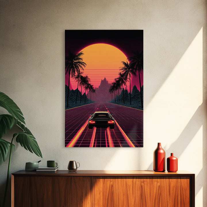 Retro Futuristic Neon Sunset Road With Laser Grid And Sports Car Canvas Print For Modern Wall Art Cyberpunk Decor And Gaming Room Decor