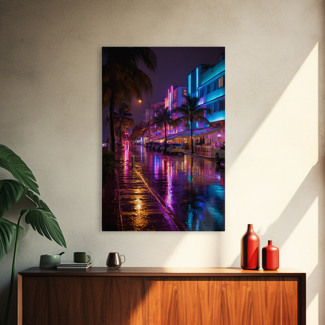 Neon City Street Rain Reflection Wall Art Vibrant Urban Nightscape Canvas Print For Modern Home Decor