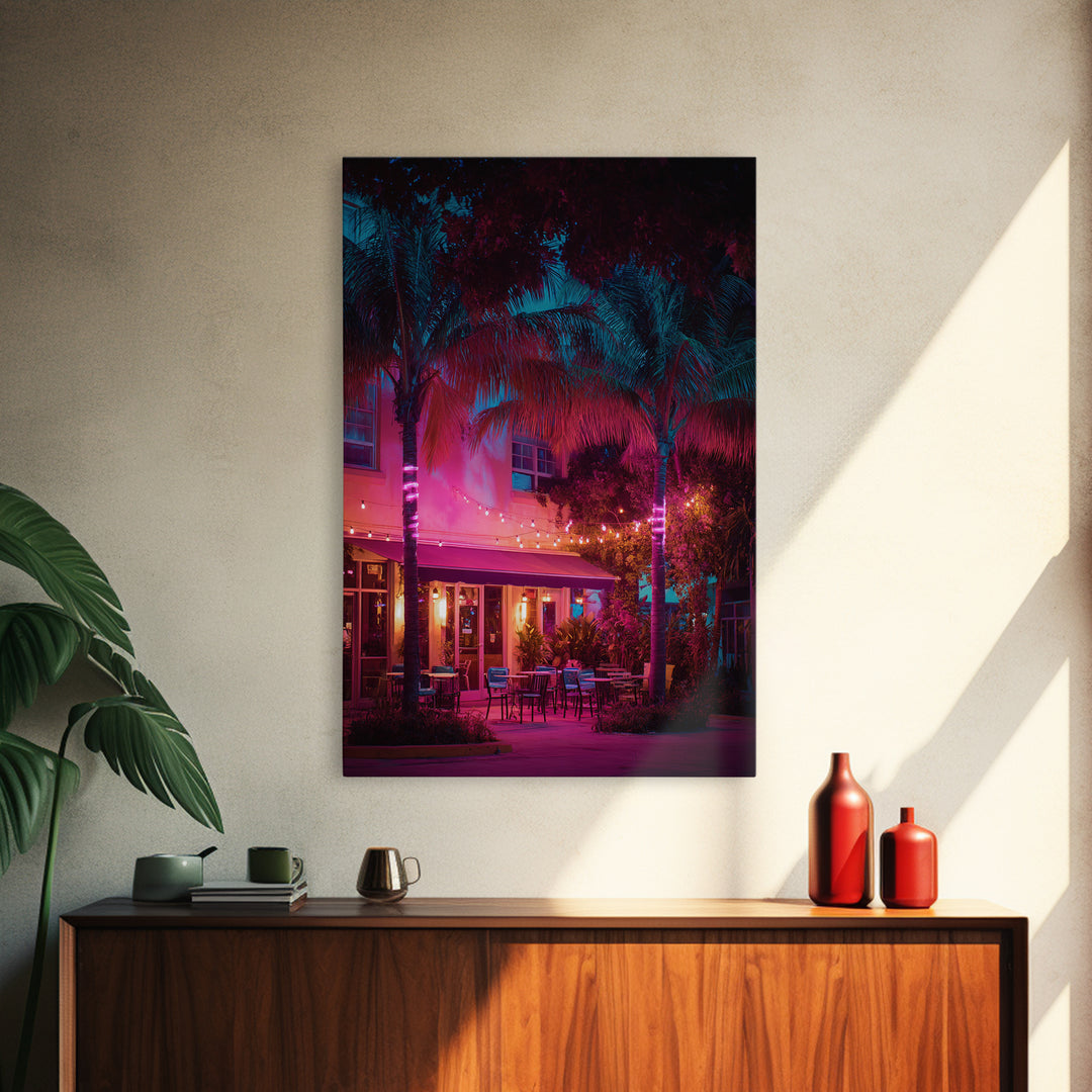 Vibrant Nighttime Tropical Outdoor Cafe Scene In Pink And Blue Modern Wall Art Canvas Print