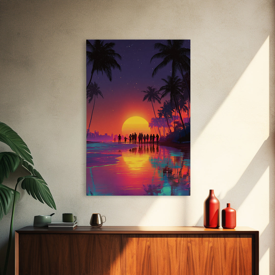 Modern Vibrant Sunset Beach Scene With People Silhouettes Wall Art Framed Canvas Print For Coastal Home Decor