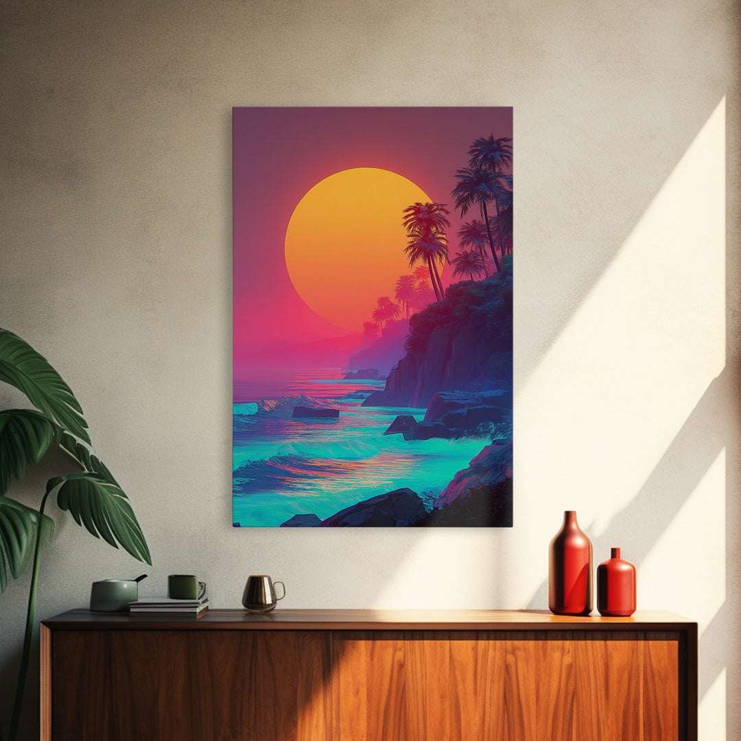 Vibrant Tropical Sunset With Palm Trees Ocean Coastline Digital Painting Canvas Print Modern Wall Art For Home Decor