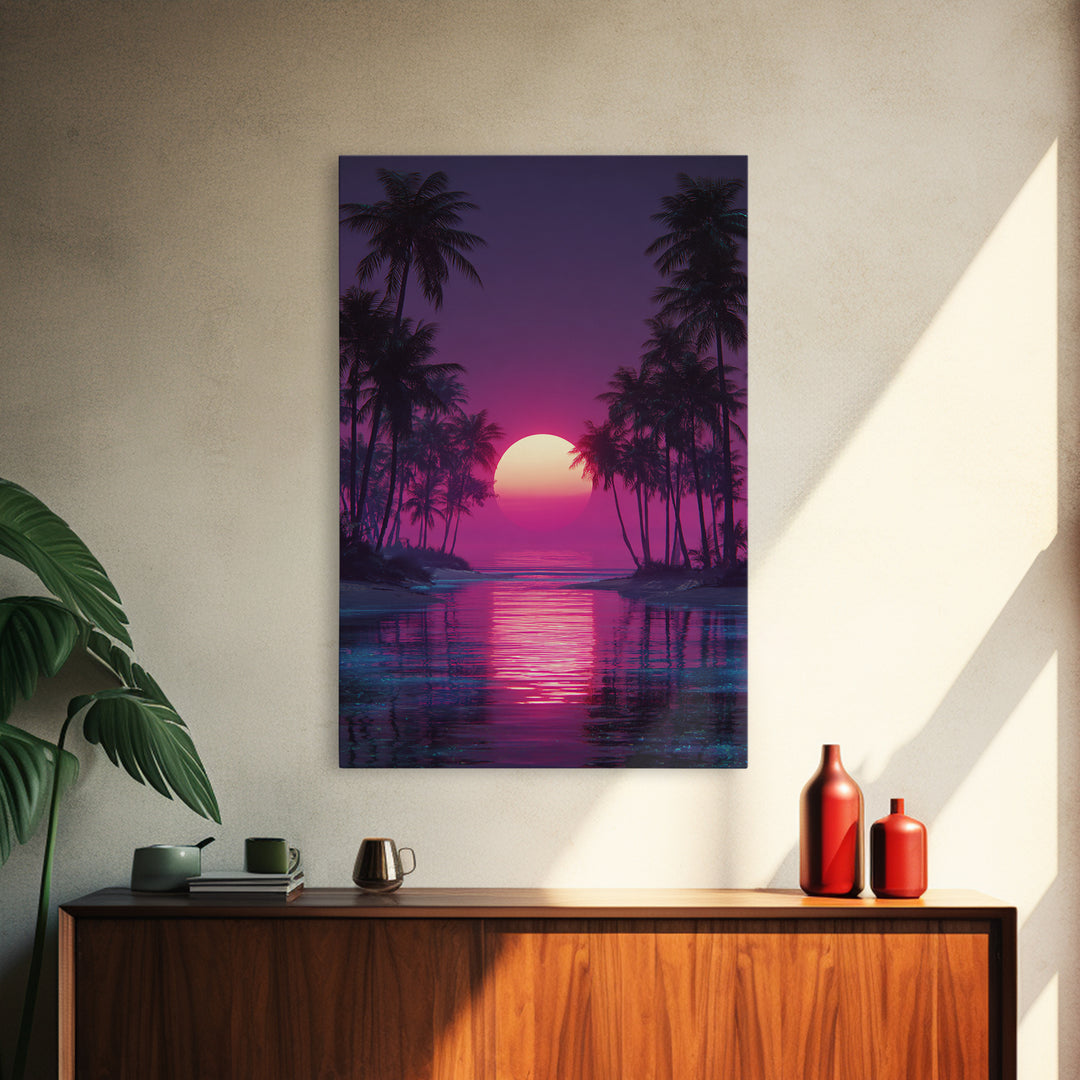 Gentle Pink Purple Tropical Sunset Over Calm Ocean With Palm Trees Wall Art For Relaxing Bedroom Decor