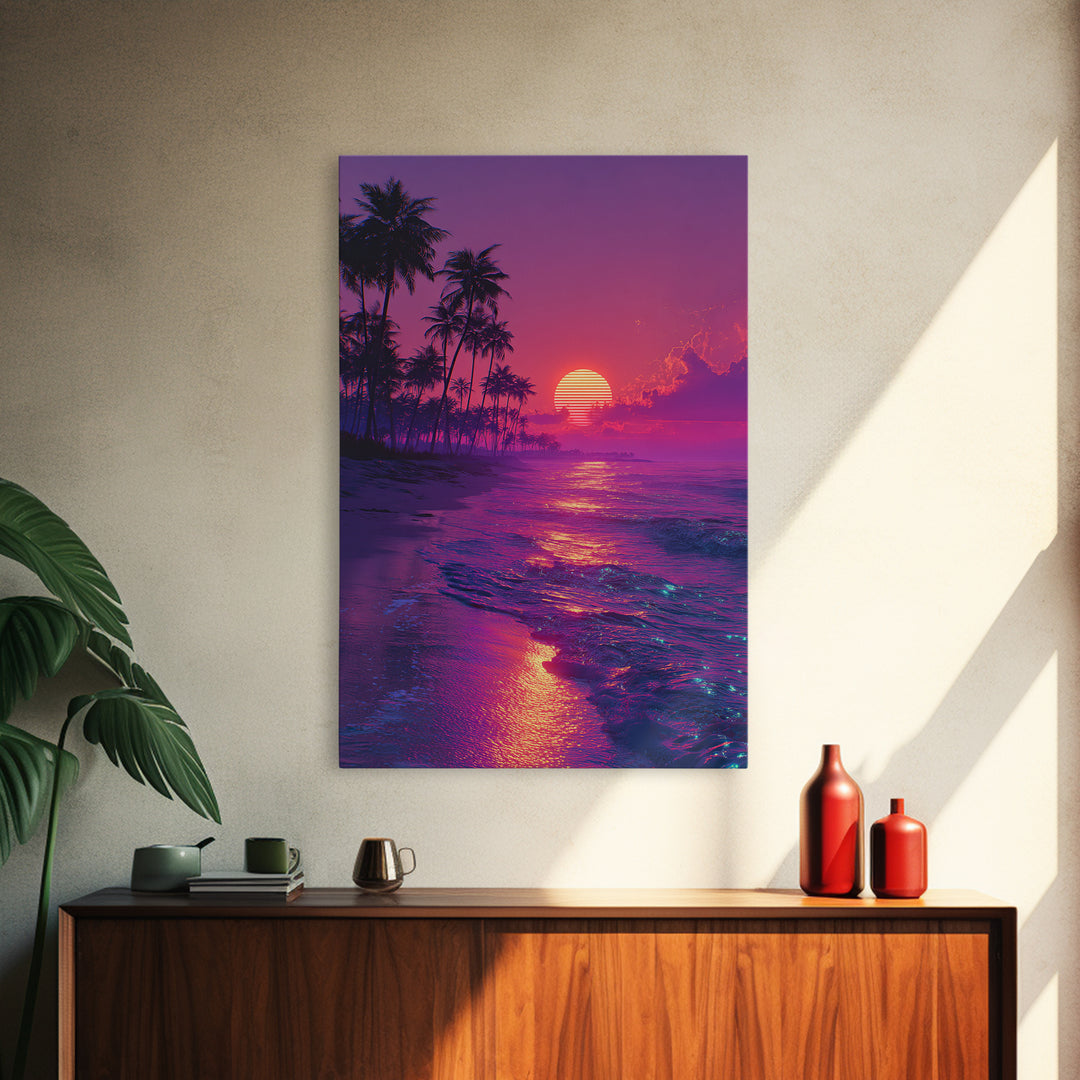 Vibrant Retro Sunset Beach Scene With Palm Trees Silhouettes Wall Art Canvas Print For Home Decor And Living Room