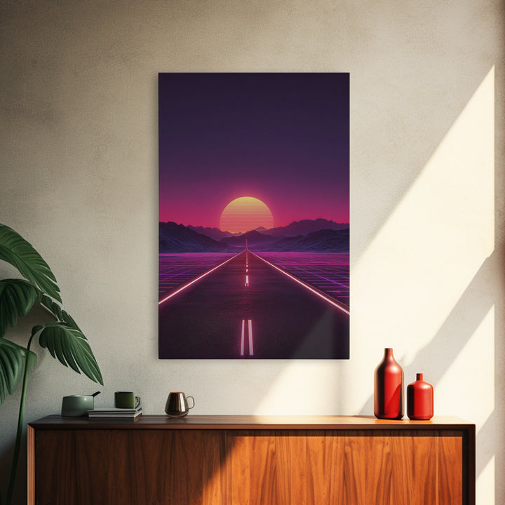 Offbeat Neon Retro Futuristic Road Sunset Digital Art Wall Art Canvas Print Trendy Modern Decor For Bedroom And Office
