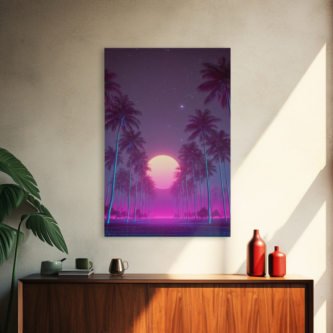 Retro Futuristic Neon Highway Leading To Large Vibrant Sun Over Palm Trees Digital Canvas Print Wall Art